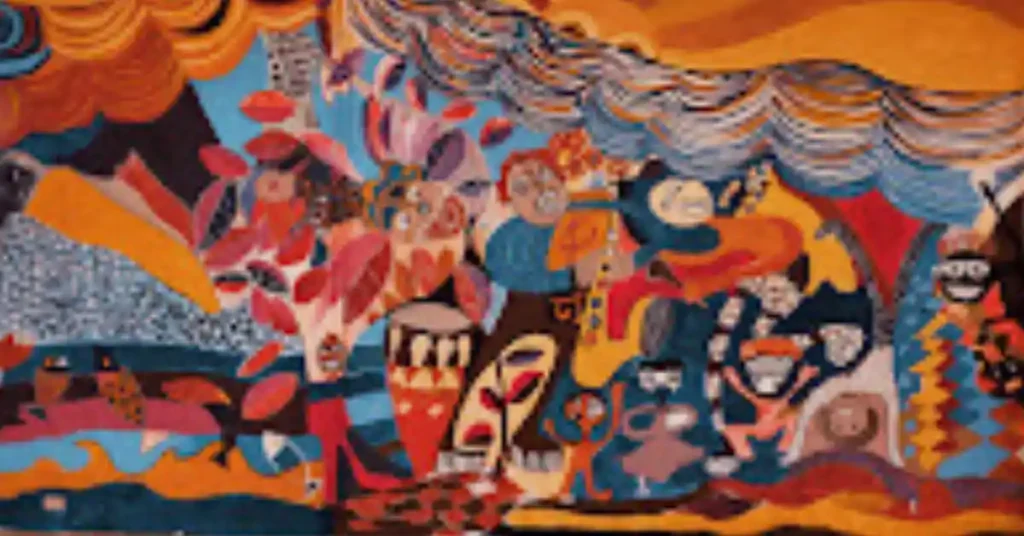 Grande murale collettivo con maschere, tamburi e figure — laboratorio di arte interculturale