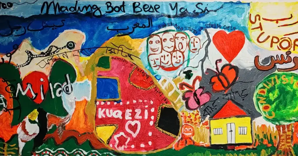 Murale collettivo con scritte in arabo, italiano e swahili — laboratorio interculturale Henri Olama